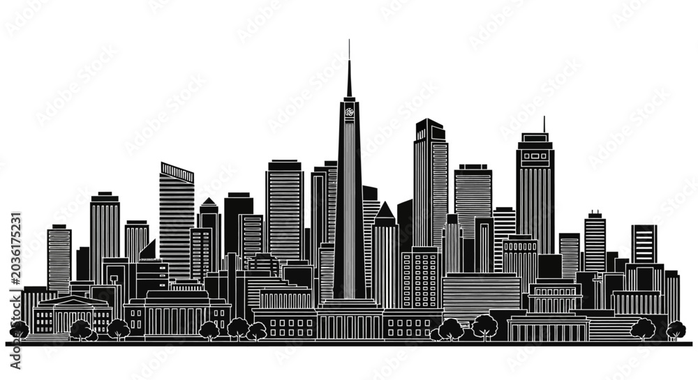 Fototapeta premium Modern City Skyline Silhouette with Skyscraper Vector Illustration