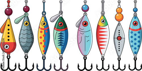 Colorful fishing lures hanging on hooks