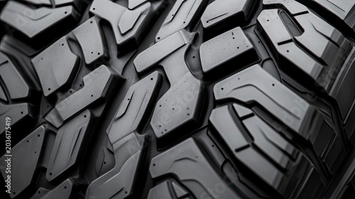 Detailed macro view of heavy-duty off-road vehicle tire tread with deep black rubber grooves and rugged geometric patterns for superior grip on tough terrain.