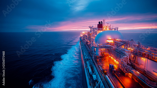 Spectacular twilight view of large, illuminated liquefied natural gas carrier sailing through calm ocean, leaving white wake under vibrant pink and blue sky