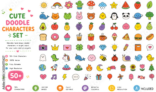 Cute doodle characters set with 50+ colorful icons, kawaii vector illustrations of animals food and nature, hand drawn cartoon stickers for kids