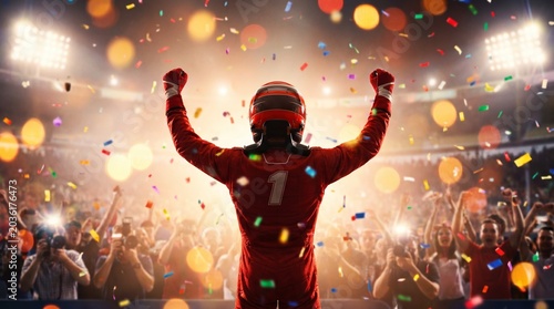 A race car driver in a red suit and helmet, wearing number 1, celebrates a victory with both fists raised in the air. Colorful confetti rains down as an excited crowd cheers in the background.