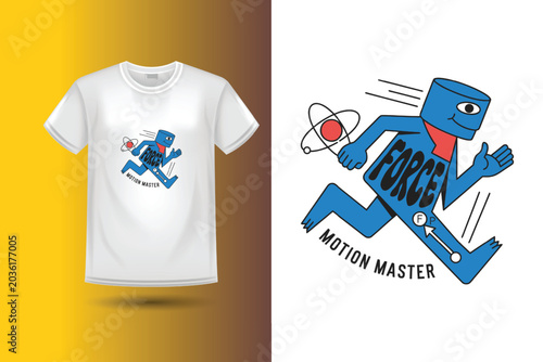 Running blue robot character with atomic symbol and text 'force motion master' graphic.