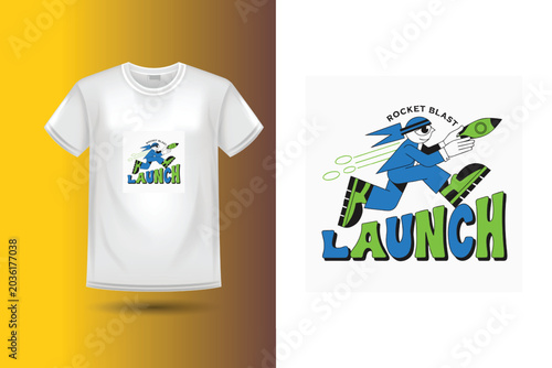 Blue suit man running with rockets and text 'launch rocket blast', t-shirt graphic.