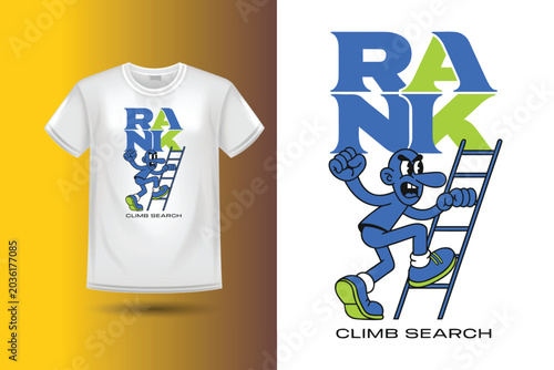 Blue character climbing ladder with text 'rank climb search' t-shirt graphic.