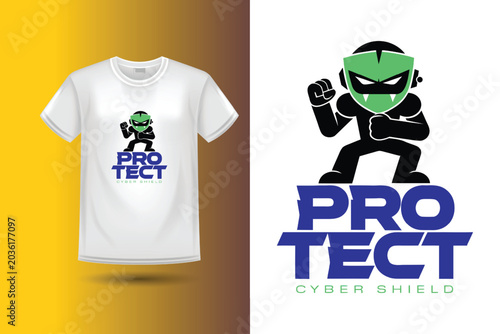 Blue robot character with green mask and boxing gloves, text 'protect cyber shield'.