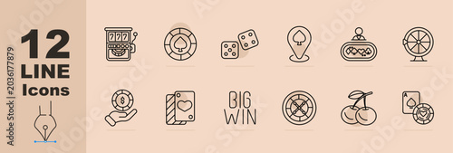 Gambling game set icon. Line icons with slot machine, poker chip, dice cubes, location chip, card table, roulette wheel, coin hand, card ace, big win text, roulette table, cherries symbol, card chips.