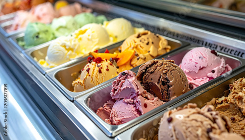 Row of steel trays filled with various flavors of ice cream.