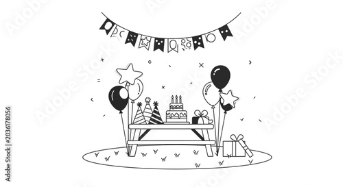 Birthday Party Scene with Cake, Balloons, and Bunting - Hand Drawn Illustration