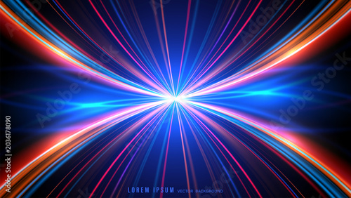 Dynamic high-speed zoom vector background with converging red and blue neon light rays