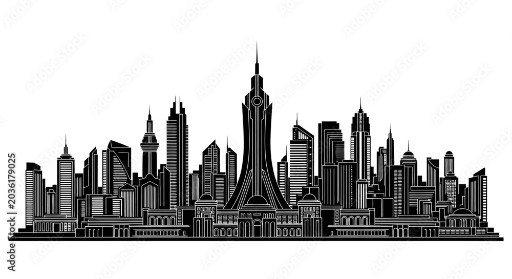 Obraz premium Black and White City Skyline Silhouette Vector Illustration