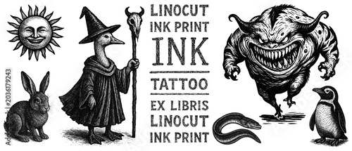 Angry sun, rabbit, duck, monster, penguin, eel, tattoo, print, linocut stamp, ex libris, ink