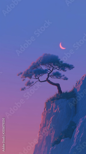 Minimal Cliff Landscape with Solitary Tree and Crescent Moon
