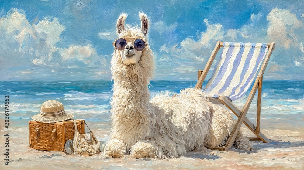 Fototapeta premium Funny white llama wearing stylish round sunglasses relaxing on a sunny tropical beach during summer vacation