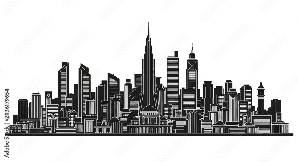 Obraz premium Black and white city skyline silhouette illustration