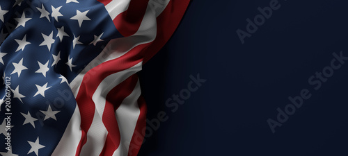 American flag with fabric texture isolated on dark blue background  with copy space for America 4th of july Happy Independence day banner 3D render