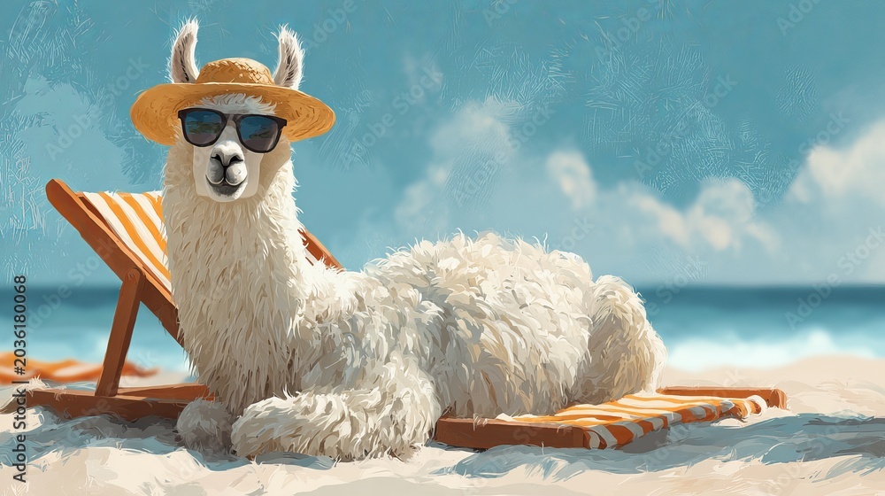 Fototapeta premium Fluffy white llama wearing a straw hat and dark sunglasses lounging on a tropical beach chair