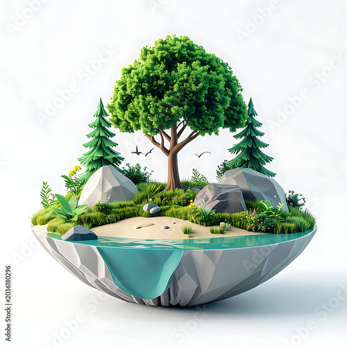 Miniature floating island landscape with lush green tree, fir trees, rocks, beach, and clear water, a tiny ecosystem.