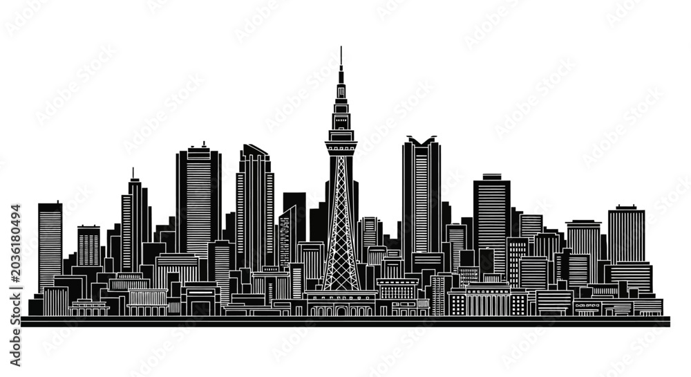 Fototapeta premium Tokyo city skyline silhouette icon, minimalist urban cityscape vector