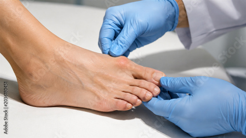 podiatrist examining foot of woman with bunion. Doctor checking joint inflammation and hallux valgus deformity. Professional medical diagnosis of painful toe problem in clinic