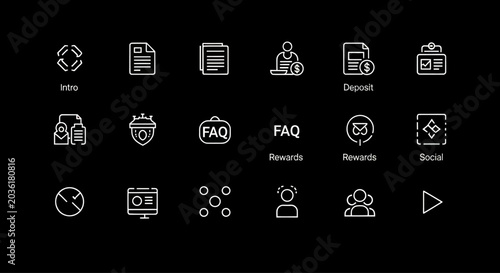 Modern UI Icons Set: Business, Technology, and Communication - White Line Art on Black