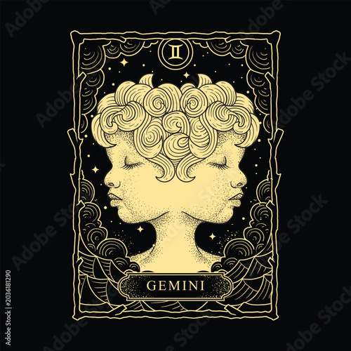 Gemini zodiac twins cherub duality engraving line art gold esoteric illustration