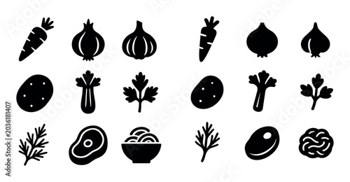 Food and vegetable silhouettes arranged on white background