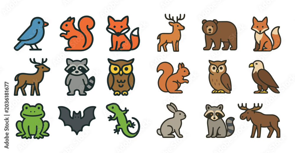 Fototapeta premium Forest animal icons displayed in grid layout