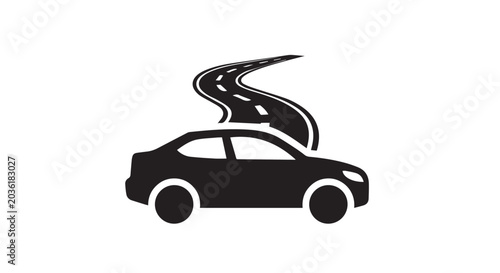 Minimalist black silhouette icon of a car driving on a winding road.