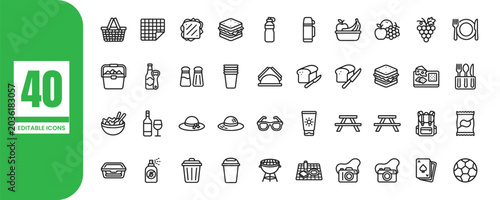 Food and beverage linear icons set picnic supplies restaurant elements editable stroke vector graphics