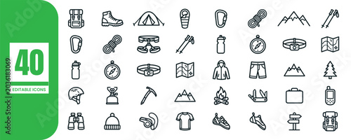 Hiking and camping icon set 40 line icons for outdoor adventure and travel