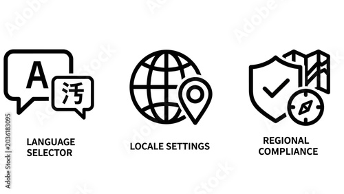 Global language selector locale settings and regional compliance icons with language translator location compliance international settings regional selector translation navigation security