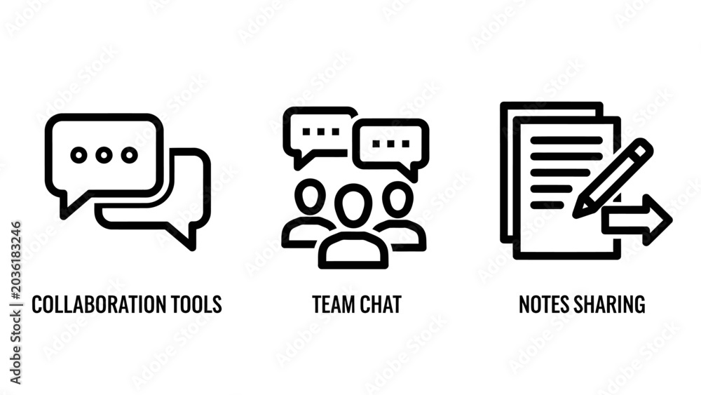 Fototapeta premium Set of team collaboration and communication icons showing chat and notes sharing with collaboration communication business discussion dialogue management document cooperation together