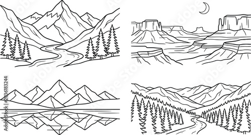 Cuadro en lienzo Mountain Landscape Outline Illustration Collection Featuring Rivers, Forests, De
