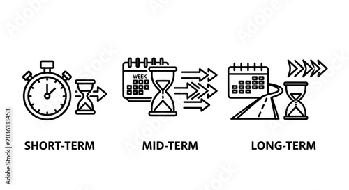 Time management strategy icons illustrating short-term mid-term and long-term planning with management planning strategy calendar hourglass business schedule development efficiency progress