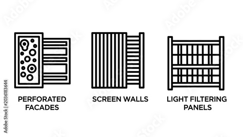 Architectural elements icons featuring perforated facades and screen walls architecture filtering perforated building construction structural cladding exterior geometric sunshade planning