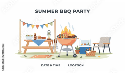 Minimal BBQ summer party grill setup with food and utensils vector design