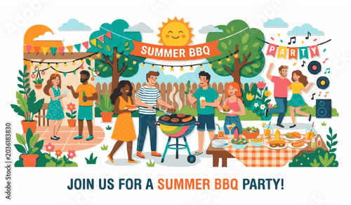 Colorful BBQ summer party with friends food and outdoor celebration vector illustration
