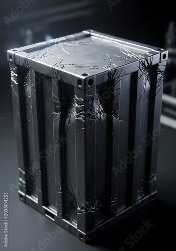 Damaged metal crate, industrial container, broken packaging, wrapped box