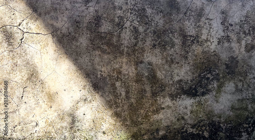Obraz na plátně Close-up of a weathered concrete wall with deep cracks, dark mold patches, green moss, and rough textured surface, dramatically lit by strong sunlight and shadows