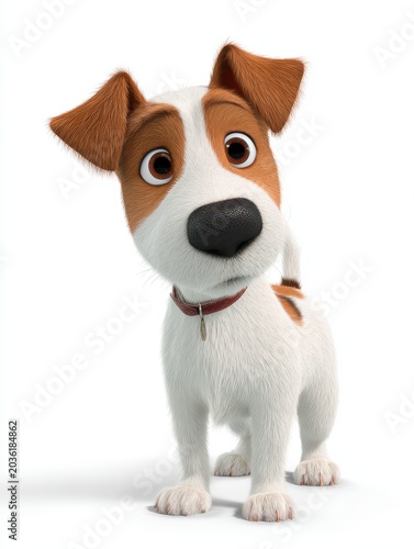 Cartoon Jack Russell Terrier Dog Standing White Background With Red Collar And Collar Tag
