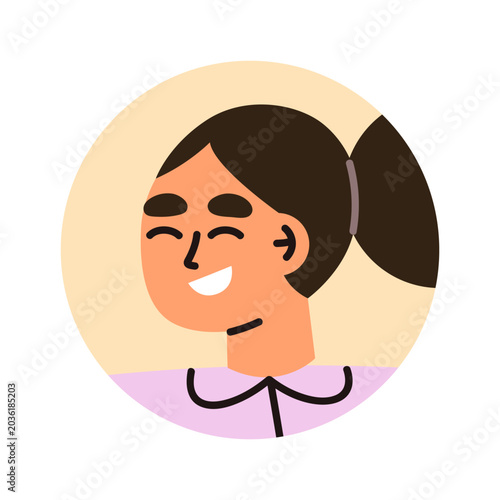 Happy girl laughing, head avatar in circle. Smiling joyful cheerful female, l...