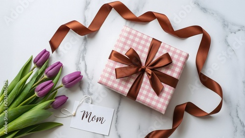 Gift box with ribbon and purple tulips on marble table for celebration