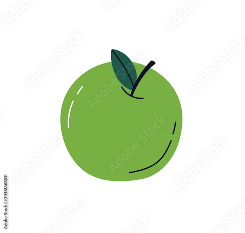 Green apple, summer garden fruit with stem, leaf. Healthy vitamin snack icon....