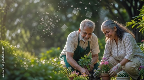 Happy elderly couple gardening together planting flowers in a lush green outdoor garden