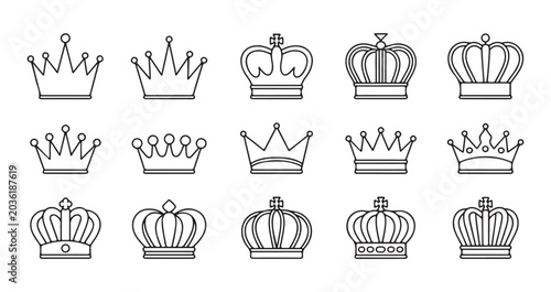 Fotografia Crowns outline set vector illustration, royal crown black line icons isolated on white background
