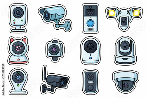Variety of security cameras: indoor, outdoor, dome, wi-fi, and baby monitor designs.