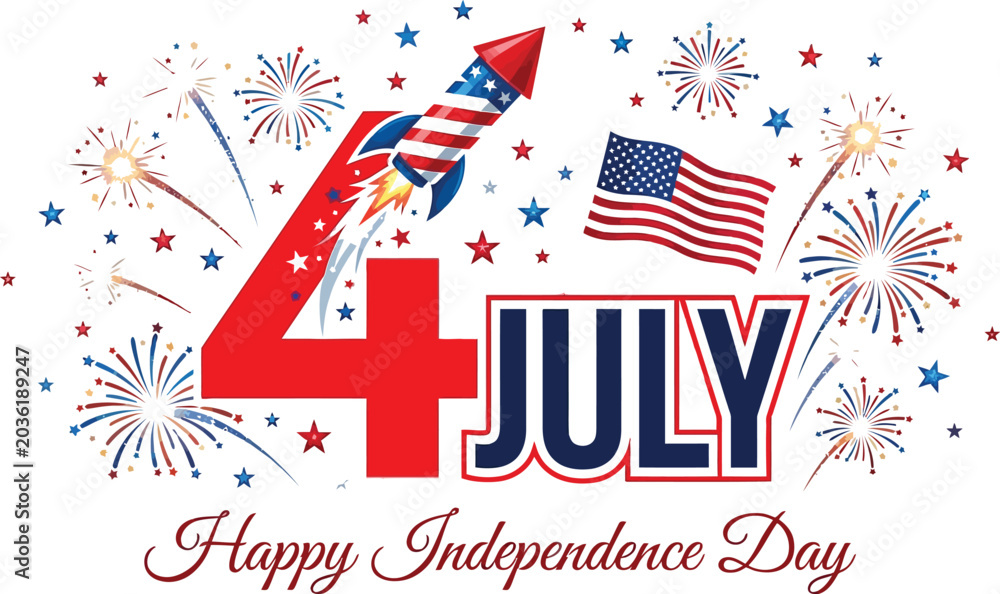 Obraz premium Festive fourth of july illustration with rocket flag and fireworks for patriotic celebrations and american independence day designs
