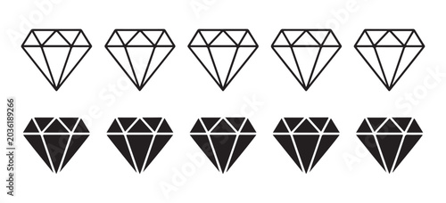 Photos Diamond jewelry icons collection showing outline and solid gem shapes for luxury branding and retail design