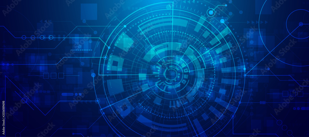 Obraz premium Futuristic digital technology background with blue glowing circular interface and complex data elements.